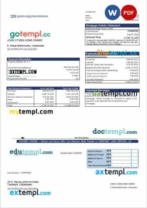 Uzbekistani Qishloq Qurilish Bank mortgage statement in Word and PDF formats