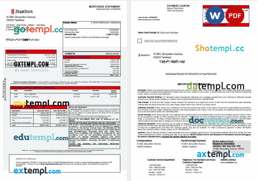 Uzbekistani Ziraat Bank mortgage statement in Word and PDF formats