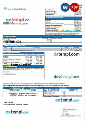 Vanuatu Alpen Baruch Bank mortgage statement in Word and PDF formats