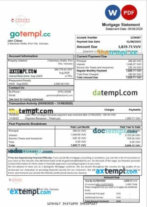 Vanuatu Asia Merchant bank mortgage statement in Word and PDF formats