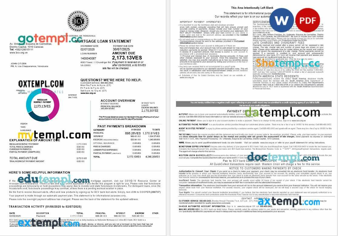 Venezuela Banco Central de Venezuela bank mortgage loan statement in Word and PDF formats, 4 pages