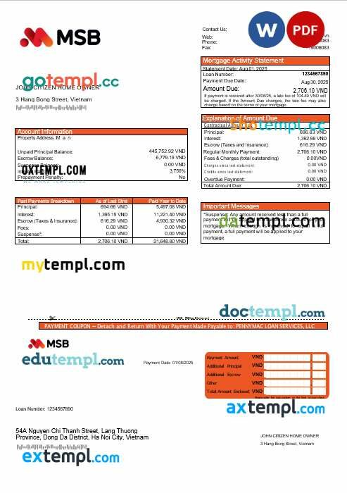 Vietnam MSB Bank mortgage statement in Word and PDF formats