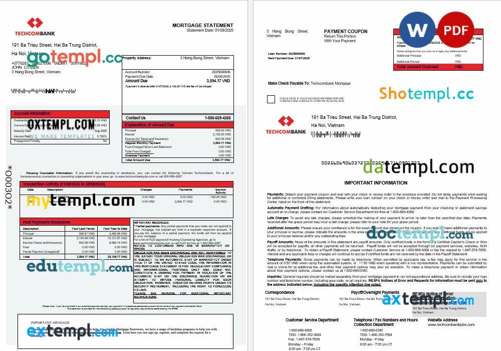 Vietnam Techcombank mortgage statement in Word and PDF formats