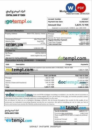 Yemeni Central Bank of Yemeni bank mortgage statement in Word and PDF formats