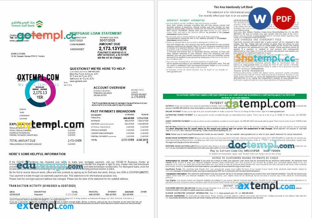 Yemeni Gulf bank mortgage loan statement in Word and PDF formats, 4 pages