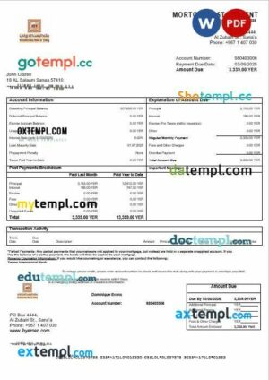 Yemeni International bank mortgage statement in Word and PDF formats