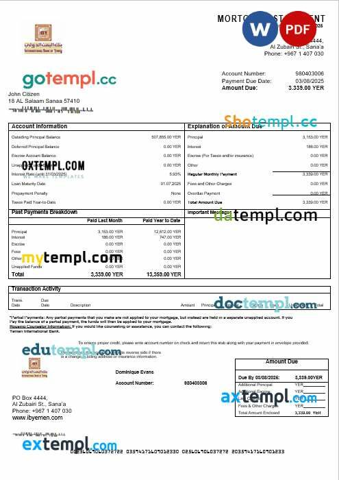 Yemeni International bank mortgage statement in Word and PDF formats