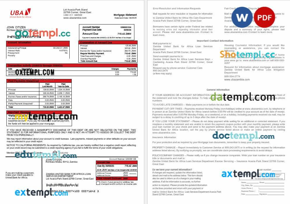 Zambia United Bank for Africa bank mortgage statement in Word and PDF formats