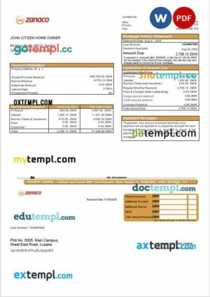 Zambia Zanaco Bank mortgage statement in Word and PDF formats