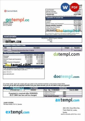 Zambian Cavmont bank mortgage statement in Word and PDF formats