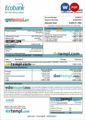 Zimbabwe Ecobank bank mortgage statement in Word and PDF formats