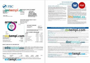 Zimbabwe FBC Bank mortgage loan statement in Word and PDF formats, 4 pages