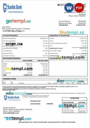 Zimbabwean Stanbic Bank mortgage statement in Word and PDF formats