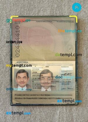 Andorra passport editable PSD files with address page, scan and photo-realistic look, 2016-present
