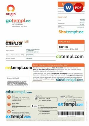 Australia Origin Energy electricity bill Word and PDF example, 4 pages, version 2