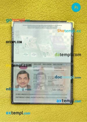 Belgium passport editable PSD files with address page, scan and photo-realistic look, 2020-present