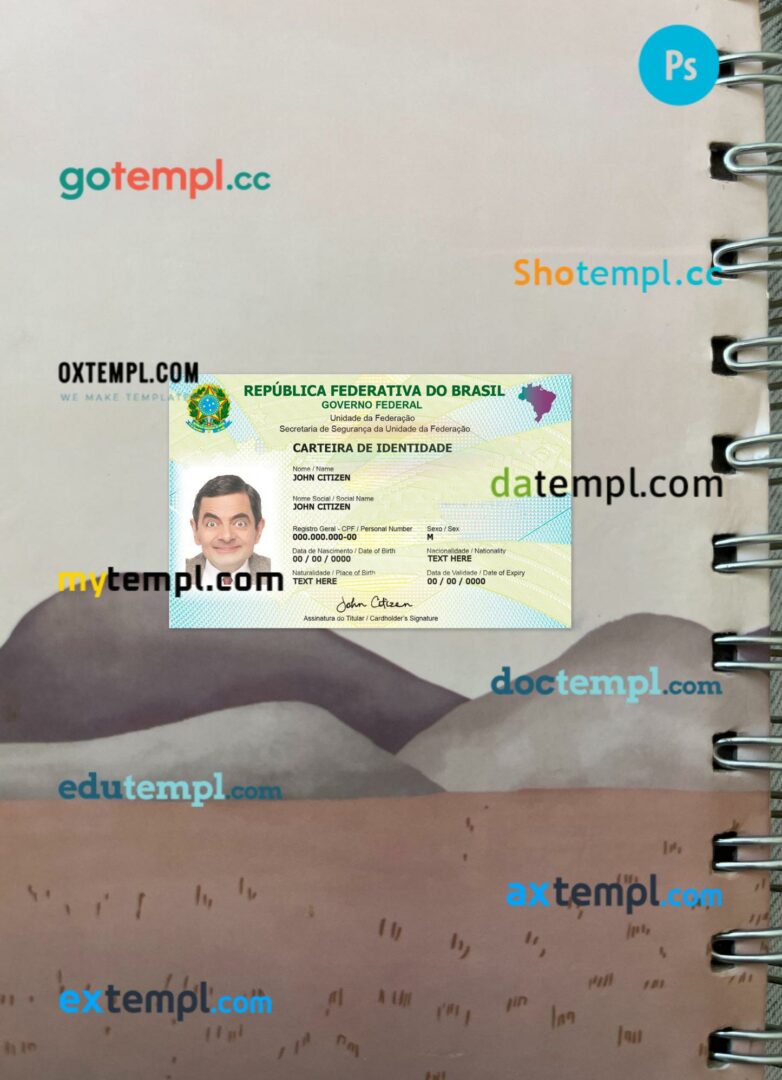 Brazil identity card editable PSD files, scan look and photo-realistic look, 2 in 1, version 2