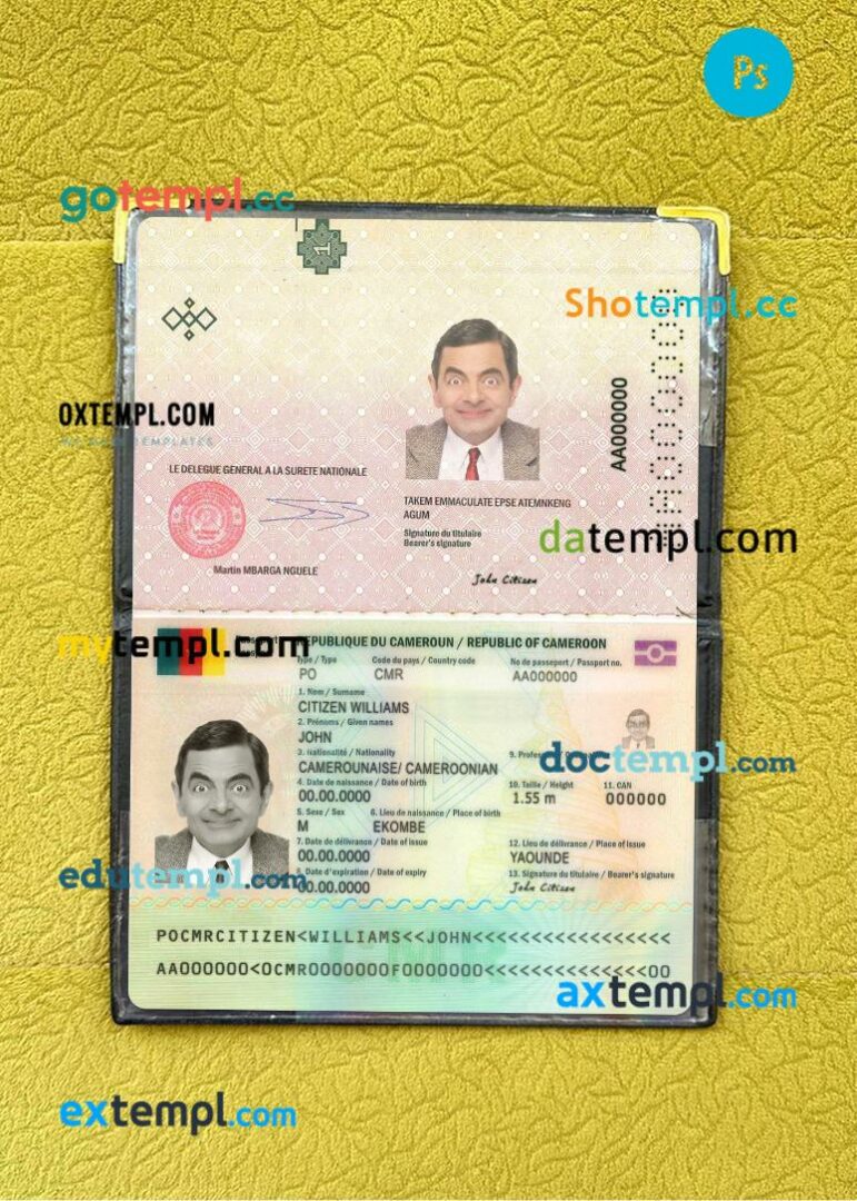 Cameroon passport editable PSD files with address page, scan and photo-realistic look, 2021-present