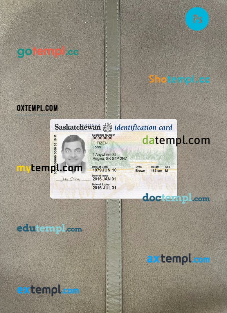Canada Saskatchewan ID editable PSD files, scan look and photo-realistic look, 2 in 1