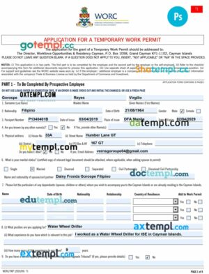 Cayman Islands work permit template in PSD format
