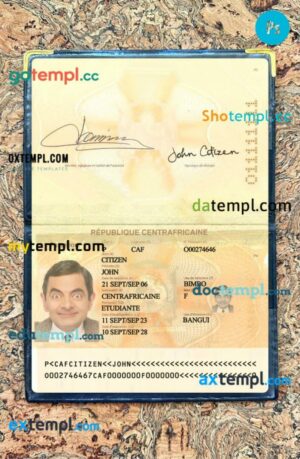 Central Africa passport editable PSD files with address page, scan and photo-realistic look, 2023-present
