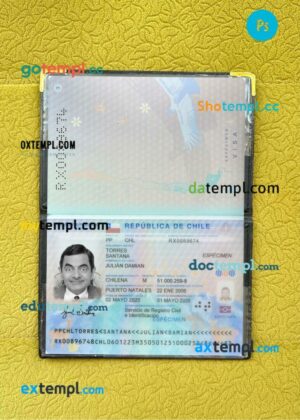 Chile passport editable PSD files with address page, scan and photo-realistic look, 2025-present