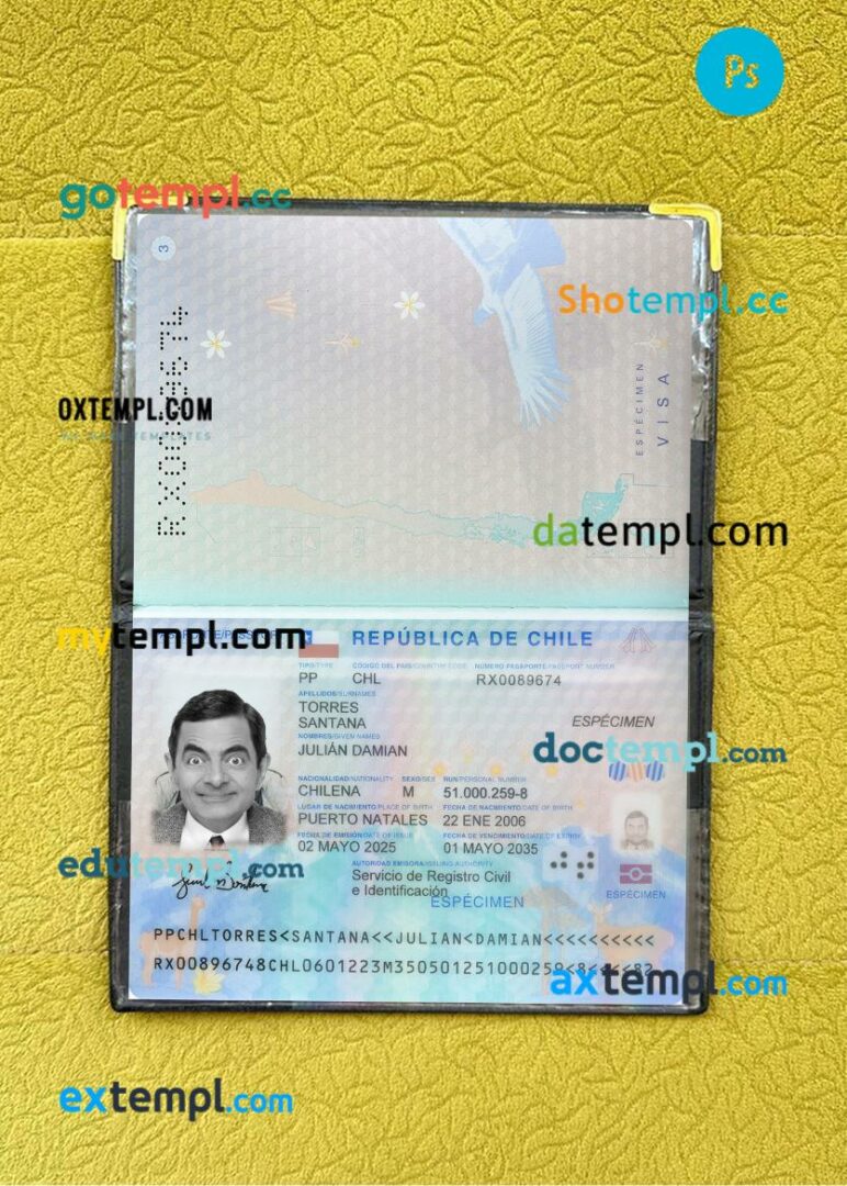 Chile passport editable PSD files with address page, scan and photo-realistic look, 2025-present