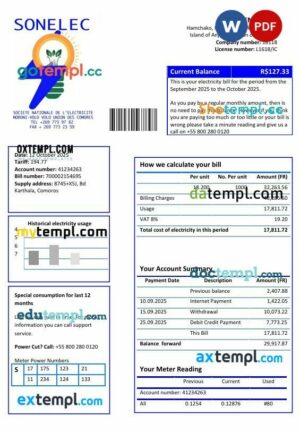 Comoros Sonelec utility bill template in Word and PDF formats