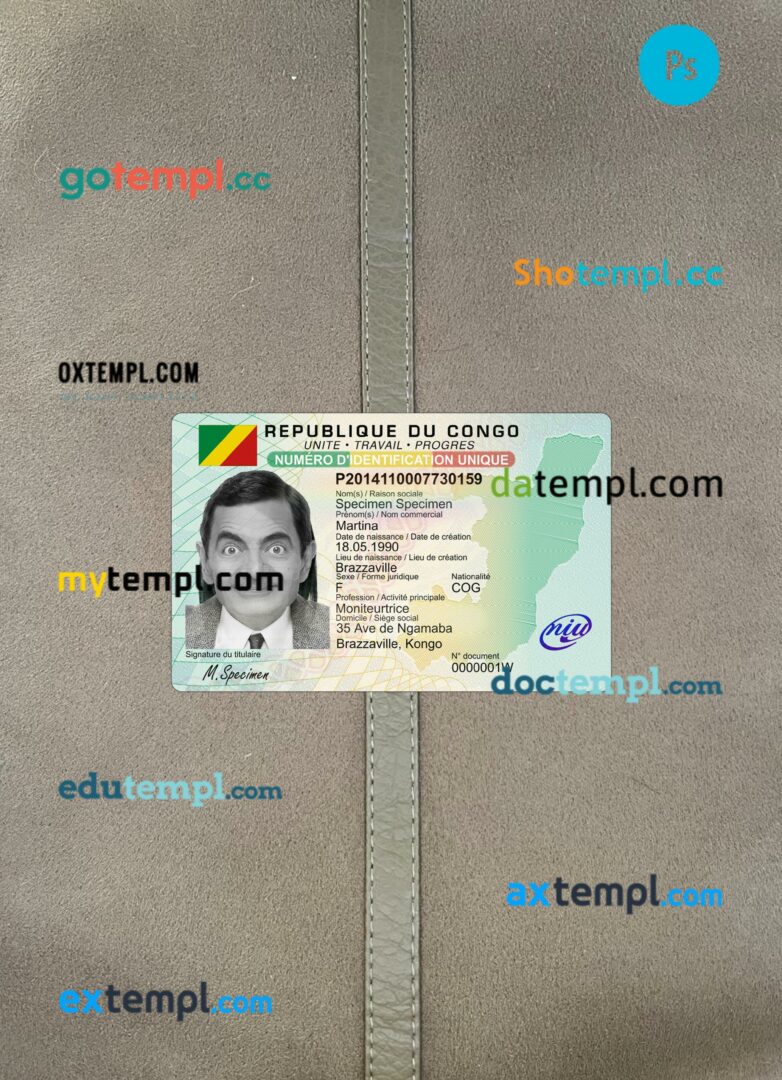 Congo ID card editable PSD files, scan look and photo-realistic look, 2 in 1