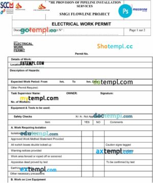 Construction commissioning maintenance electrical work permit template in PSD format