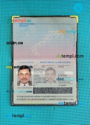 Cuba passport editable PSD files with address page, scan and photo-realistic look, 2018-present