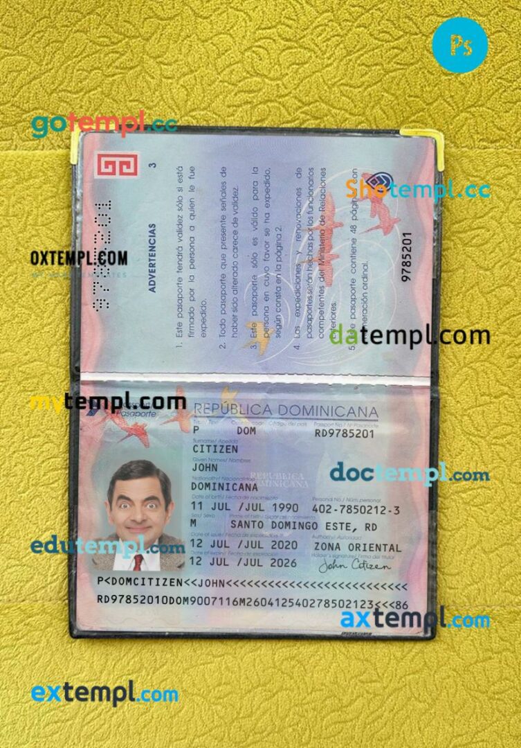 Dominican Republic passport editable PSD files with address page, scan and photo-realistic look, 2020-present