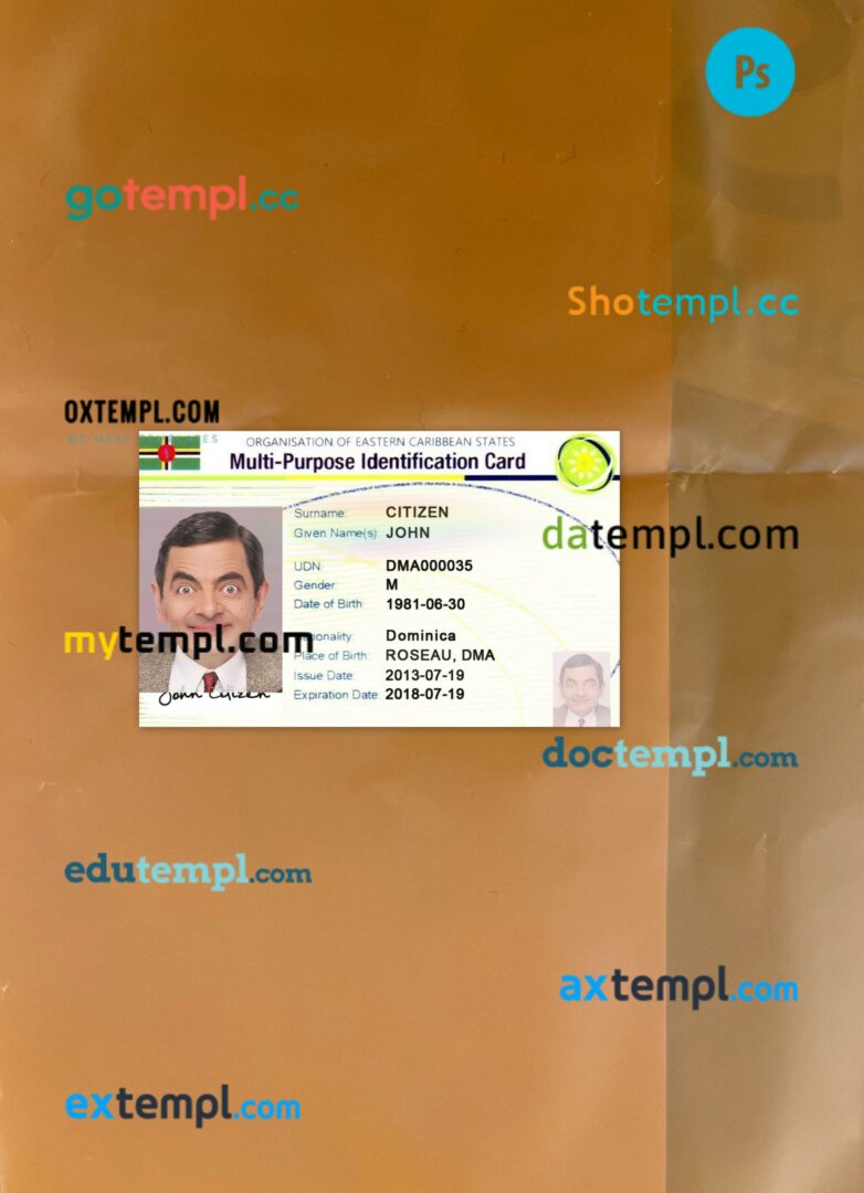 Eastern Caribbean States multi-purpose indentification card editable PSD files, scan look and photo-realistic look, 2 in 1