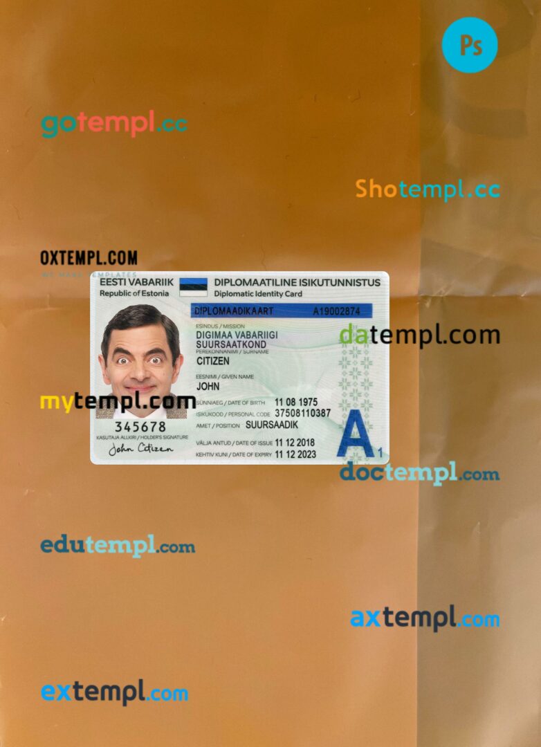 Estonia diplomatic ID card editable PSD files, scan look and photo-realistic look, 2 in 1, 2018-present