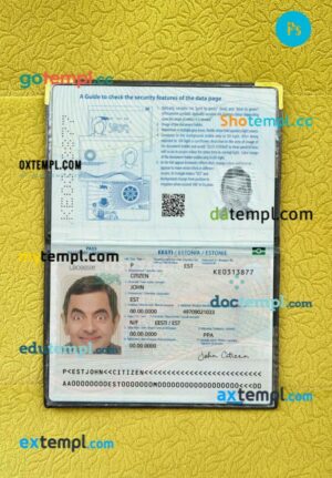 Estonia passport editable PSD files with address page, scan and photo-realistic look, 2022-present