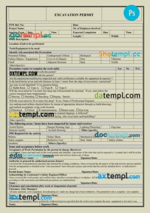Excavation work permit template in PSD format
