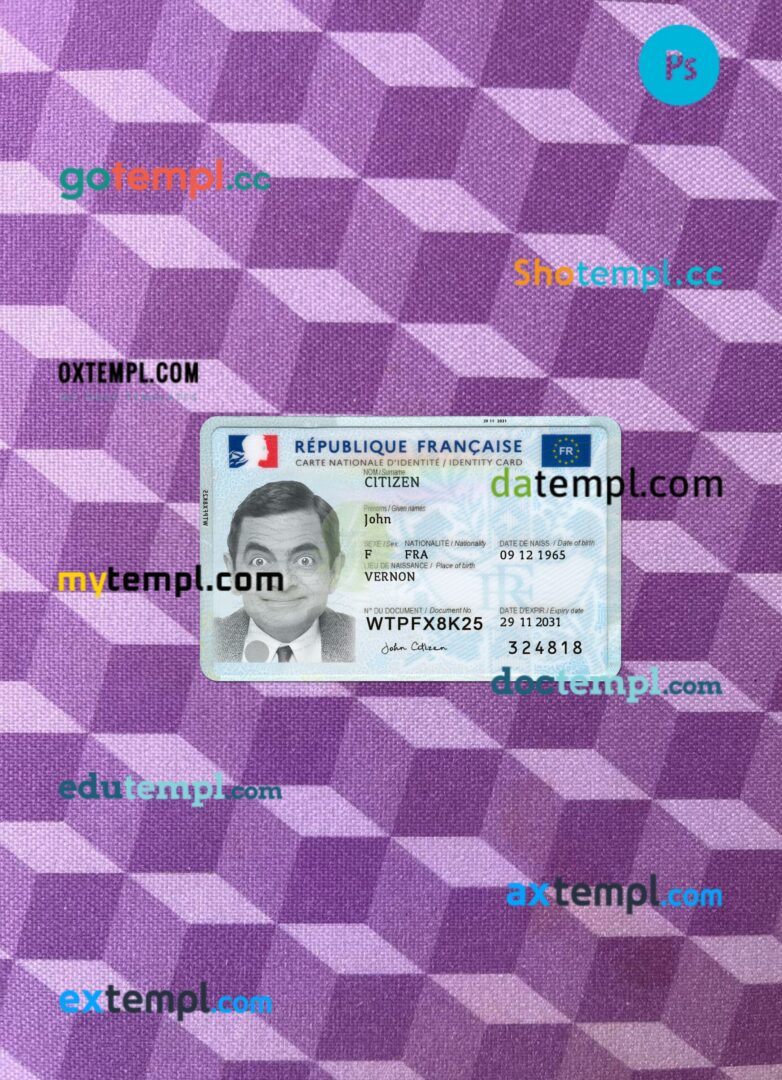 France ID card editable PSD files, scan look and photo-realistic look, 2 in 1, 2021-present, version 2