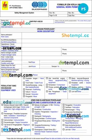 General work permit template in PSD format