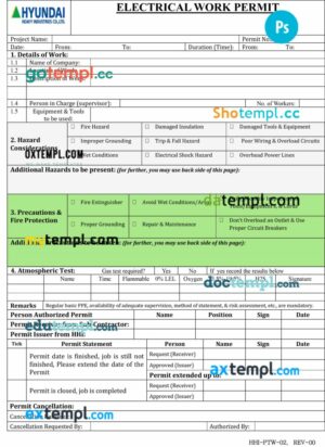 Hyundai heavy industries electrical work permit template in PSD format