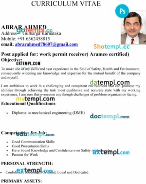 India work permit template in PSD format