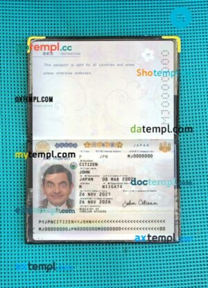 Japan passport editable PSD files with address page, scan and photo-realistic look, 2021-present