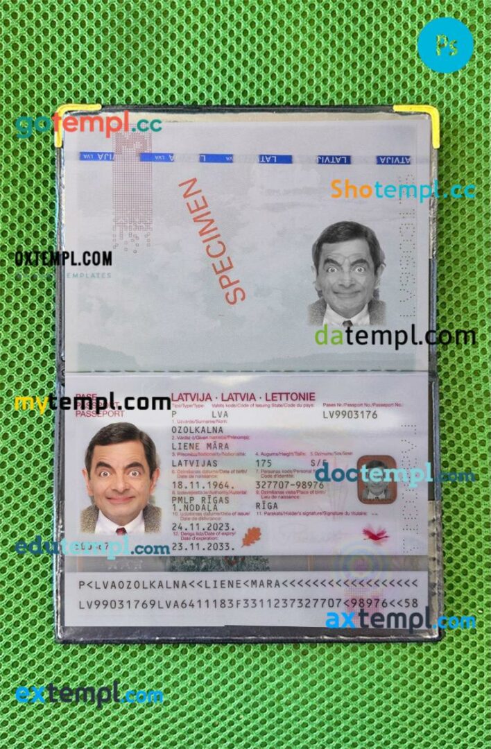 Latvia passport editable PSD files with address page, scan and photo-realistic look, 2023-present