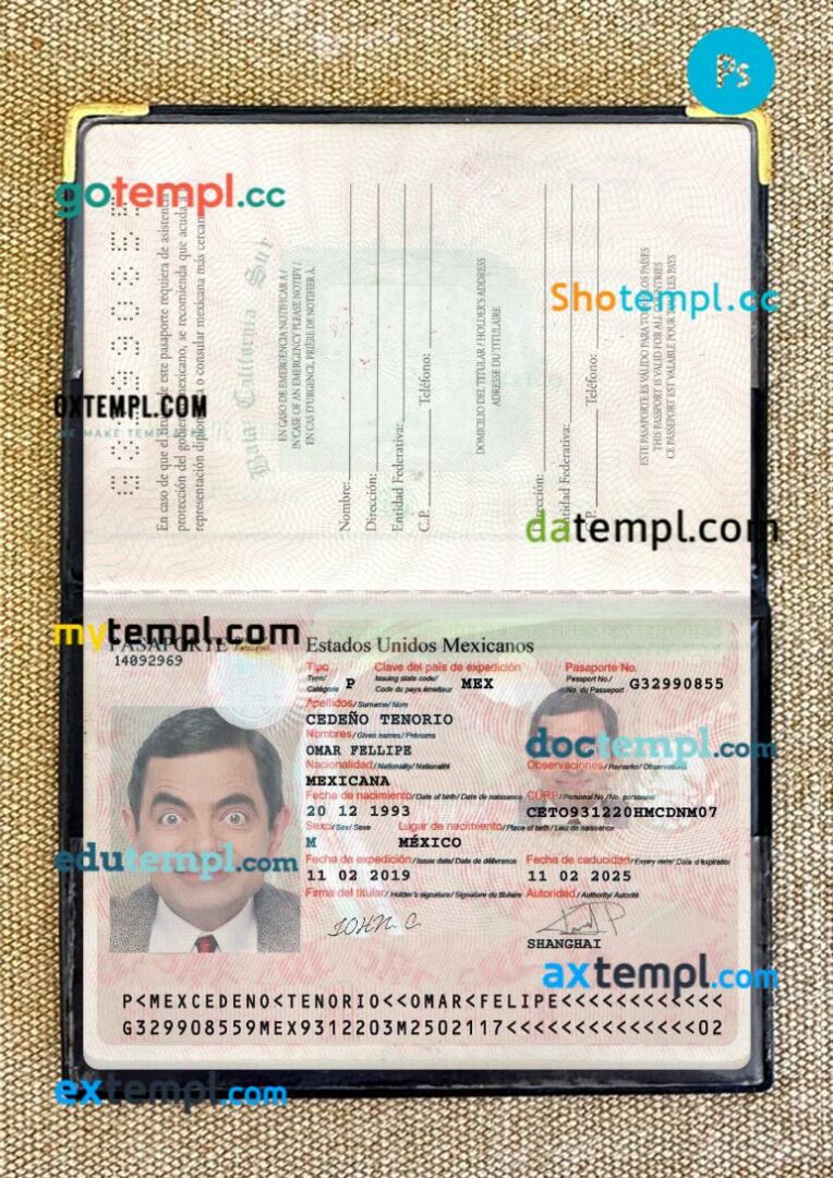 Mexico passport editable PSD files with address page, scan and photo-realistic look, 2017-present