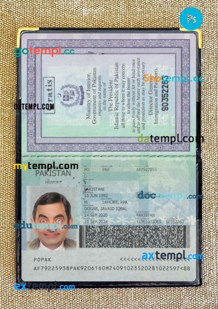 Pakistan passport editable PSD files with address page, scan and photo-realistic look, 2020-present
