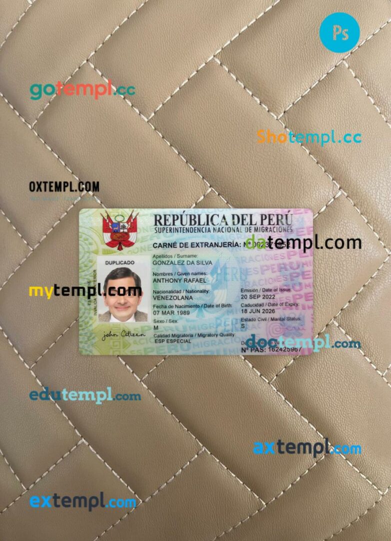 Peru national ID card editable PSD files, scan look and photo-realistic look, 2 in 1