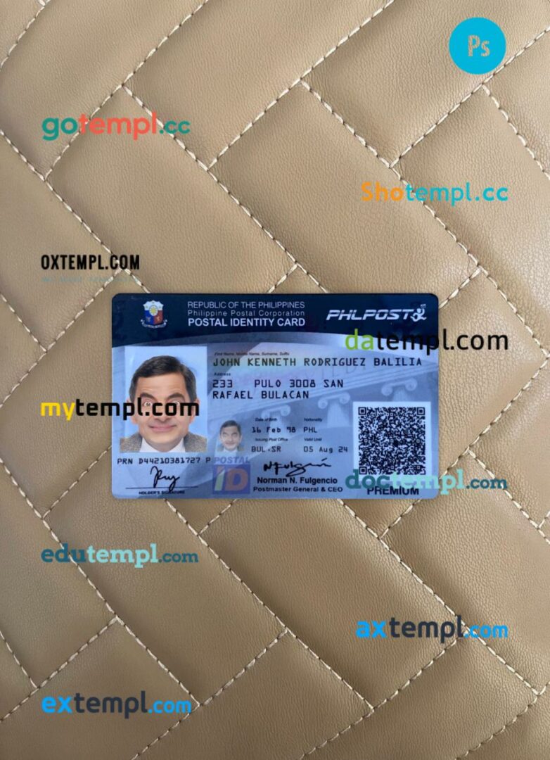 Philippines postal identity card editable PSD files, scan look and photo-realistic look, 2 in 1