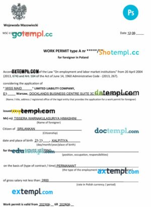 Poland work permit template in PSD format