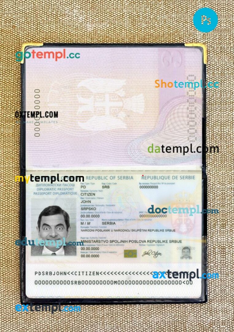 Serbia pass editable PSD files with address page, scan and photo-realistic look, (2016 - present)