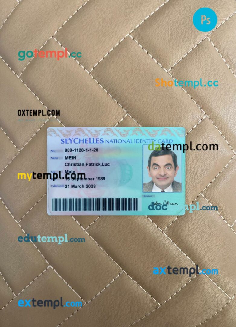 Seychelles national ID card editable PSD files, scan look and photo-realistic look, 2 in 1
