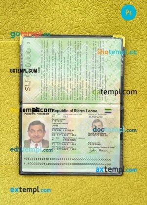 Sierra Leone passport editable PSD files with address page, scan and photo-realistic look, 2024-present